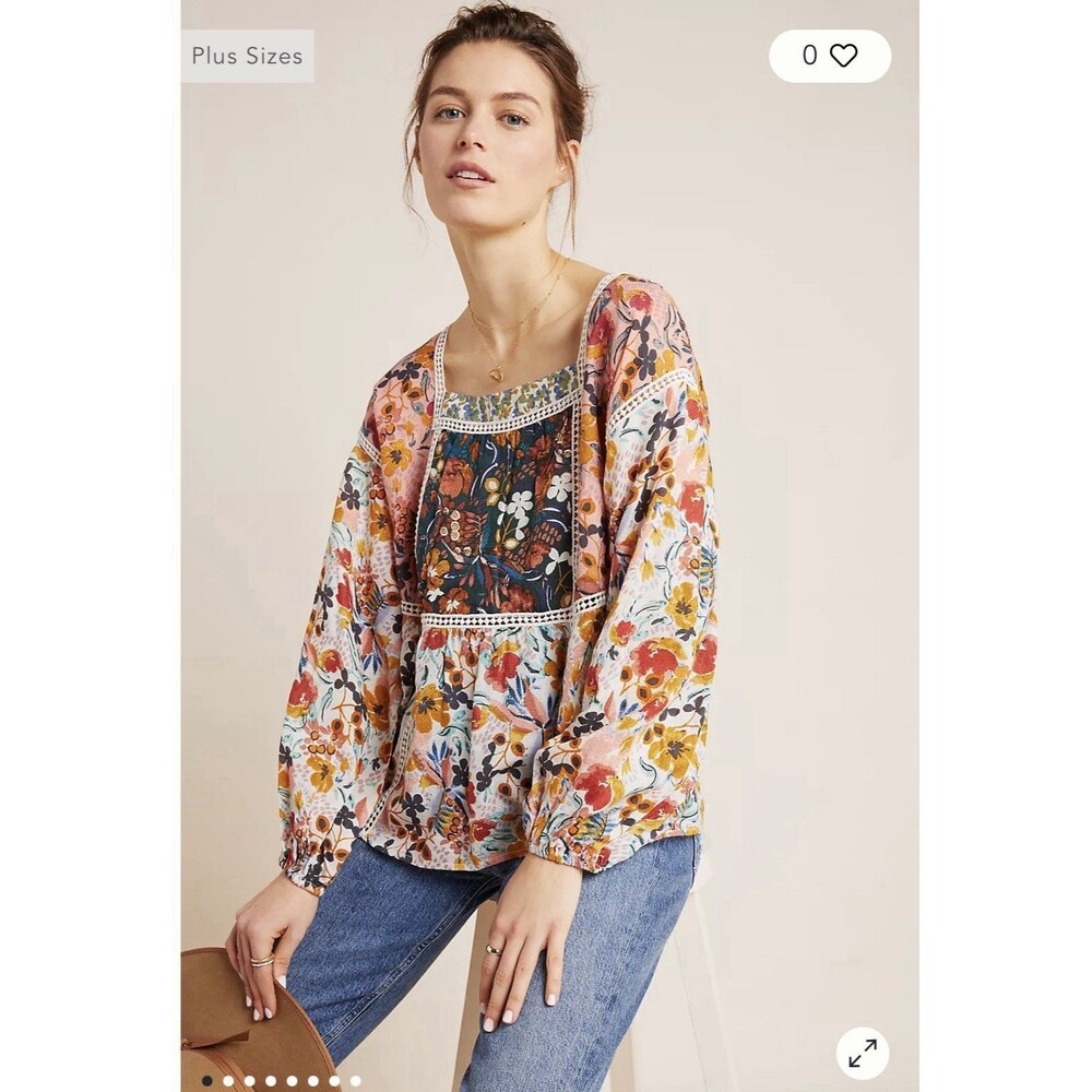 Maeve Anthropologie Nikki Peasant Floral Blouse Womens S Patchwork Boho Hippie